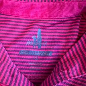 Dark pink and blue striped polo shirt